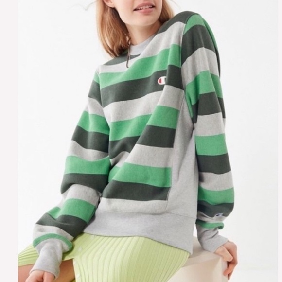 Champion Tops - Champion Reverse Weave Gray and Green Striped Sweatshirt, Size Small